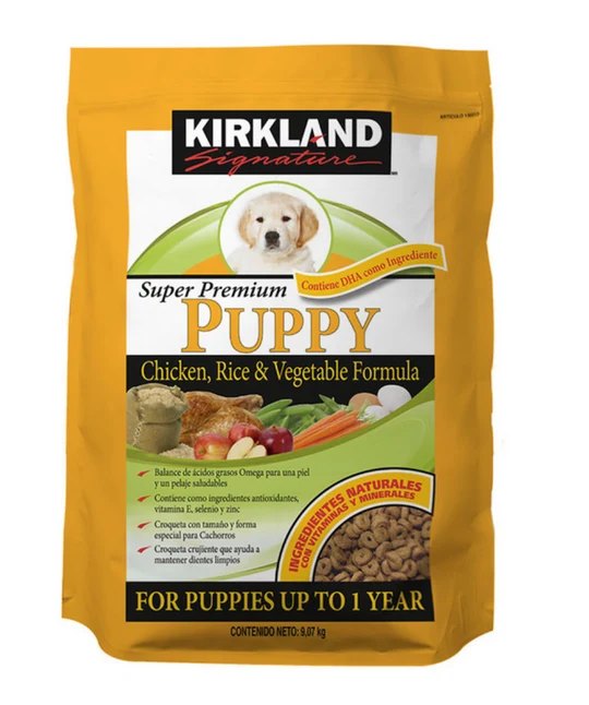 Croqueta Kirkland Signature Super Premium Puppy de Costco comparada con Purina Pro Plan en México